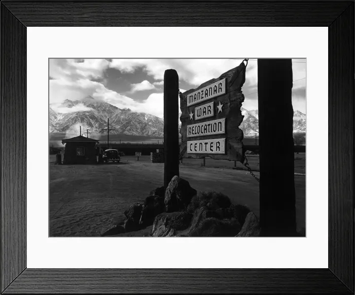 Framed Print : World War II, Wooden sign at entrance to the Manzanar War Relocation Center, California. photograph by Ansel Adams. 1943 Framed Print : World War II, Wooden sign at entrance to the Manzanar War Relocation Center, California. photograph by Ansel Adams. 1943