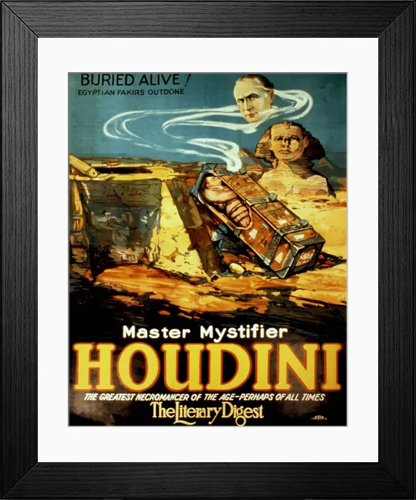 Framed Print : Poster promoting Harry Houdini (1874-1926), evoking mystical past of ancient Egypt. 1925 Framed Print : Poster promoting Harry Houdini (1874-1926), evoking mystical past of ancient Egypt. 1925