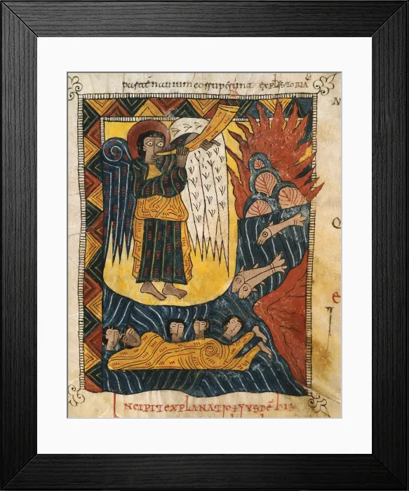 Framed Print : Escorial Beatus. 950 - 955. Cod & II. 5. Folio 93 v. The angel playing second trumpet. Disasters on the sea (Rev. VIII, 8-9). Codex with the Commentary on the Apocalypse of St