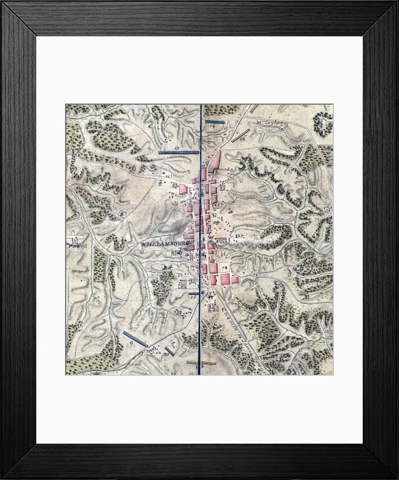 Framed Print : Map of Williamsburg in Virginia. The College of William and Mary is marked #5. Drawn by du Chesnoy for Lafayette. September 1781 Framed Print : Map of Williamsburg in Virginia. The College of William and Mary is marked #5. Drawn by du Chesnoy for Lafayette. September 1781