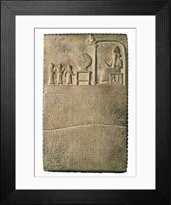 Framed Print : Tablet of Shamash. beg. 9th c. BC. The sun-god Shamash (right) receiving the Babylonian king Nabu-apla-iddina (left), between two interceding deities Framed Print : Tablet of Shamash. beg. 9th c. BC. The sun-god Shamash (right) receiving the Babylonian king Nabu-apla-iddina (left), between two interceding deities