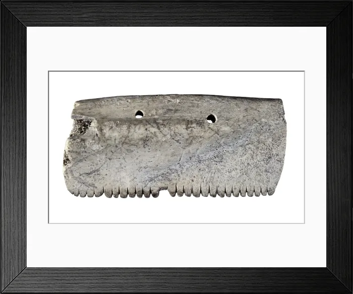 Framed Print : Bone comb. Neolithic art. Decorative Arts. SPAIN. Vic. Vic Episcopal Museum. Proc: SPAIN. CATALONIA. Vilanova de Sau. Cave of Les Grioteres. - P