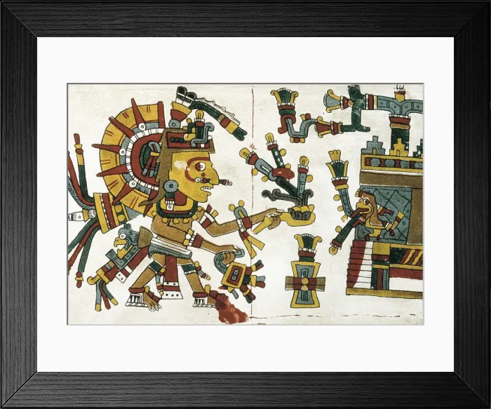 Framed Print : Codex Cospi. Circa 15th c. God of the Sun receiving offerings in his palace guarded by an eagle. Ritual calendar ca. 15th century from Mixtec or Aztec culture