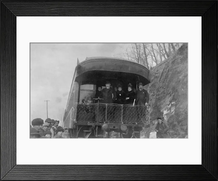 Framed Print : Newly elect president Benjamin Harrison (1833-1901) and party, en route to Washington, D.C. on a Whistle-stop campaign train. Ca. 1889