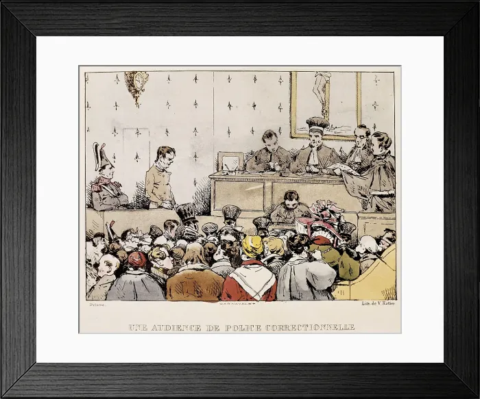 Framed Print : Une audience de police correcctionnelle. Illustration by Delarye. Printed by Victor Ratier circa 1830. Paris. Litography