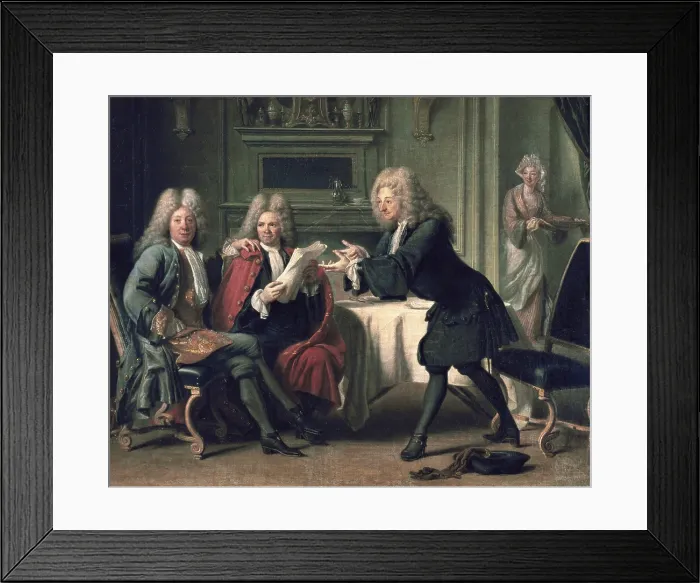 Framed Print : AUTREAU, Jacques (1657-1745). Bodin, the King's Doctor, in the Company of Dufresny and Crebillon at the House in Auteil. ca. 1716. Baroque art. Oil on canvas. FRANCE