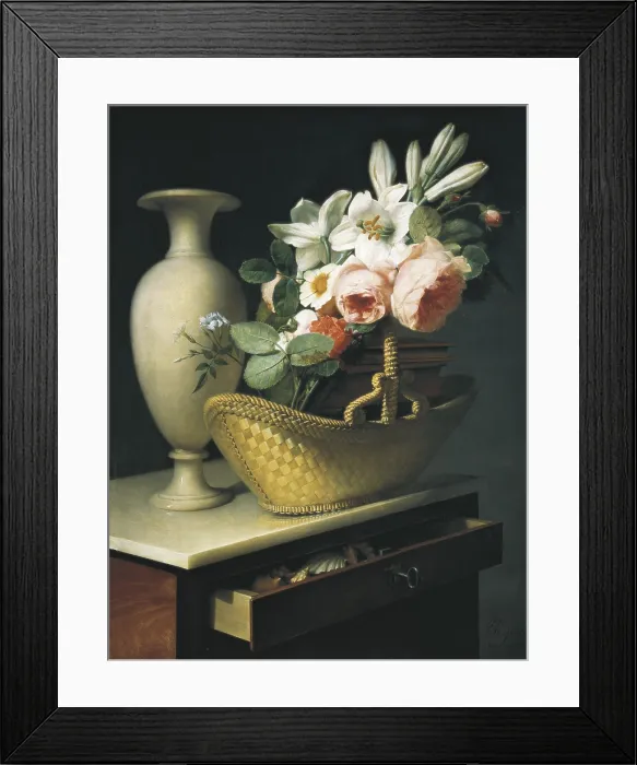 Framed Print : BERJON, Antoine (1754-1843). Bouquet of Lilies and Roses in a basket. 1814. Still life. Baroque art. Oil on canvas. FRANCE. Paris. Louvre Museum