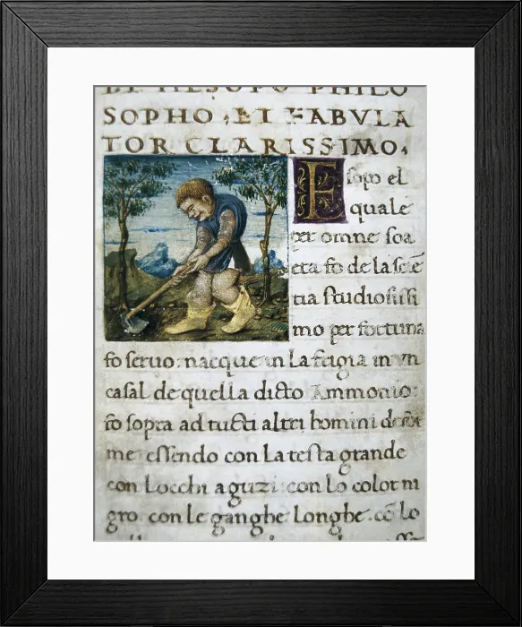 Framed Print : ESOPUS (650-560 BC). Greek fabulist. Illustration of 'Aesop's Fables'. Ms. 758. Gothic art. Miniature Painting. SPAIN. Valencia. Valencia University Library. - J Framed Print : ESOPUS (650-560 BC). Greek fabulist. Illustration of 'Aesop's Fables'. Ms. 758. Gothic art. Miniature Painting. SPAIN. Valencia. Valencia University Library. - J