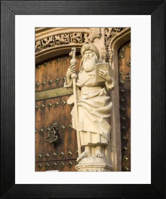 Framed Print : SPAIN. Orihuela. St James the Apostle's church. Main door. Statue of St.James. Gothic art. Sculpture; Architecture