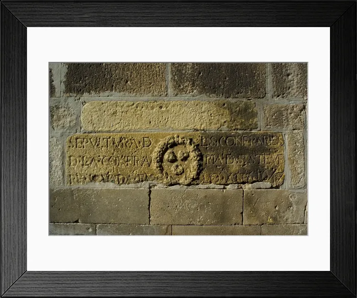 Framed Print : SPAIN. Barcelona. Gothic Quarter. Inscription of a grave belonging to the guild of St. Esteve (Esteban) in the apse of the Cathedral Framed Print : SPAIN. Barcelona. Gothic Quarter. Inscription of a grave belonging to the guild of St. Esteve (Esteban) in the apse of the Cathedral