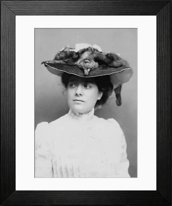 Framed Print : Julia Marlowe (1865-1950), English born American actress in an elaborate hat decorated with fox skins. 1882