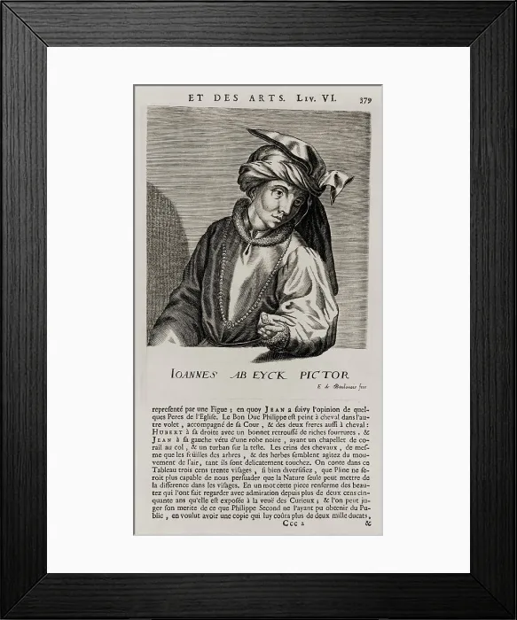 Framed Print : Jan Van Eyck (1395-1441), early Flemish painter Northern Renaissance masterworks, THE GHENT ALTER PIECE and THE ARNOFINI WEDDING. 17th century engraving by Boulonis