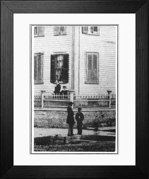 Framed Print : Presidential candidate Abraham Lincoln standing on the terrace of his Springfield, Illinois, home, with his sons Willie and Tad. Summer 1860