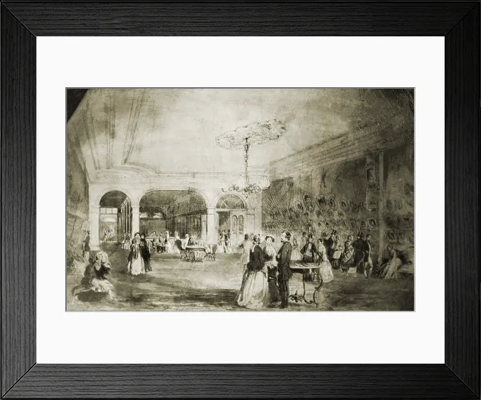 Framed Print : Brady's Daguerrean Gallery in 1854. New Yorkers converse and look at daguerreotypes displayed on walls. In the background, an operator stands beside a camera Framed Print : Brady's Daguerrean Gallery in 1854. New Yorkers converse and look at daguerreotypes displayed on walls. In the background, an operator stands beside a camera