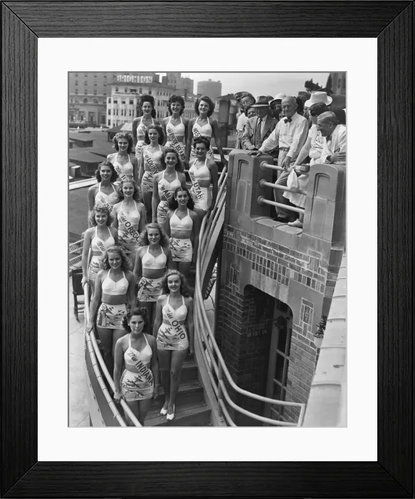 Framed Print : Miss America contestants, in two-piece bathing suits, posing on steps a building in Atlantic City, New Jersey, 1947 Framed Print : Miss America contestants, in two-piece bathing suits, posing on steps a building in Atlantic City, New Jersey, 1947