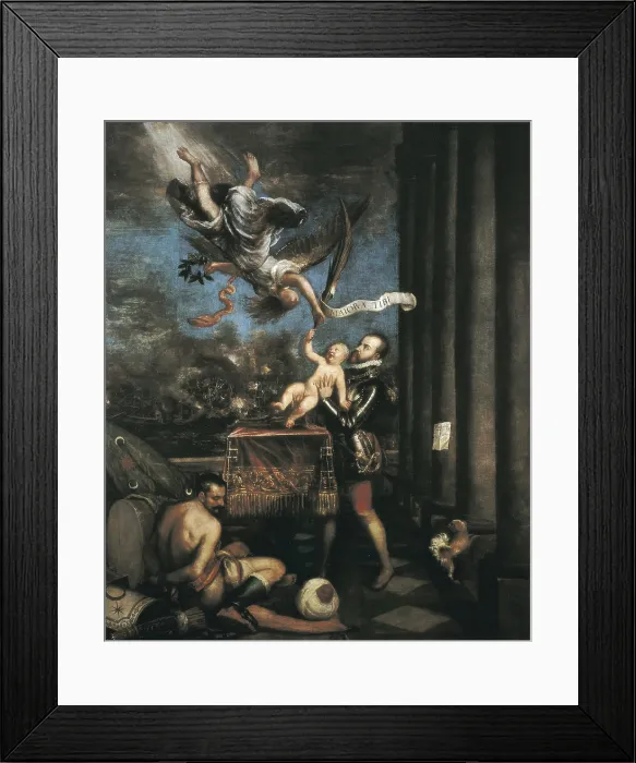 Framed Print : TTITIA, Tiziano Vecello, also called (1490-1576). Allegory of the Battle of Lepanto. 1573 - 1575. A Turkish prisoner is in the foreground. Renaissance art. Cinquecento