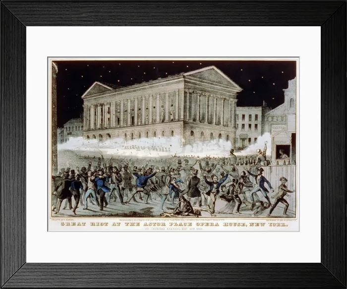Framed Print : Astor Place Riot. New York state militia firing at rioters outside Astor Place Opera House, on May 10, 1849