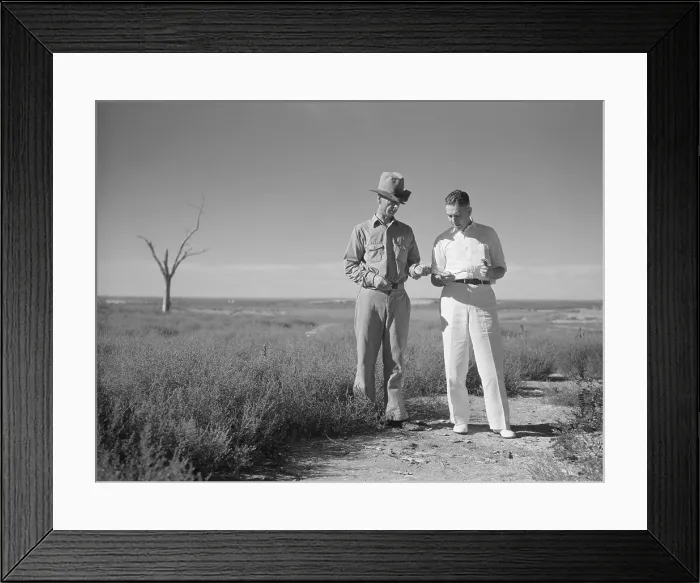 Framed Print : Rex Tugwell and farmer of dust bowl area in Texas Panhandle. July-Aug. 1936 Framed Print : Rex Tugwell and farmer of dust bowl area in Texas Panhandle. July-Aug. 1936