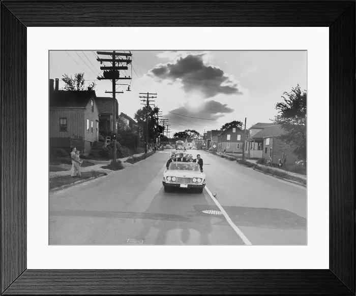 Framed Print : Senator John F. Kennedy campaigning on the empty streets of Portland, Maine in 1960. In the close election, 57% of Maine votes went to his Republican opponent, Richard Nixon