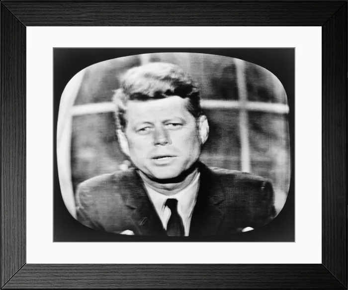 Framed Print : John F. Kennedy (1917-1963), addressing the nation on television. August 1962 Framed Print : John F. Kennedy (1917-1963), addressing the nation on television. August 1962