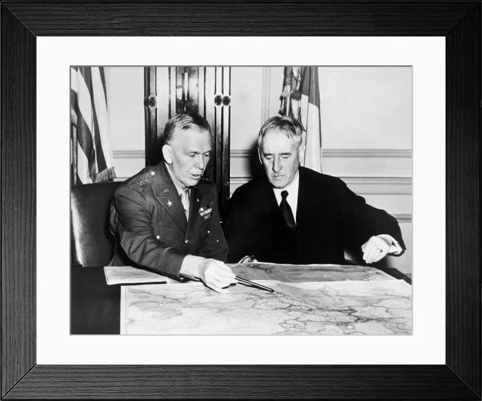 Framed Print : George Marshall, Chief of staff, and Henry Stimson, Secretary of War. Jan. 1942. They confer over a map of the European battle zones at the War Department. (BSLOC_2013_6_169) Framed Print : George Marshall, Chief of staff, and Henry Stimson, Secretary of War. Jan. 1942. They confer over a map of the European battle zones at the War Department. (BSLOC_2013_6_169)