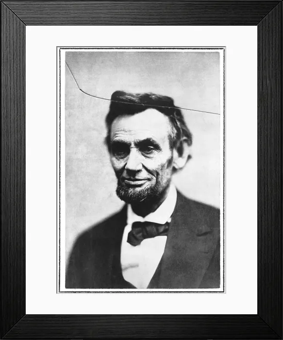 Framed Print : Abraham Lincoln, in one of the last photographs taken, taken by Alexander Gardner on February 5, 1965. The crack is in the original glass negative Framed Print : Abraham Lincoln, in one of the last photographs taken, taken by Alexander Gardner on February 5, 1965. The crack is in the original glass negative