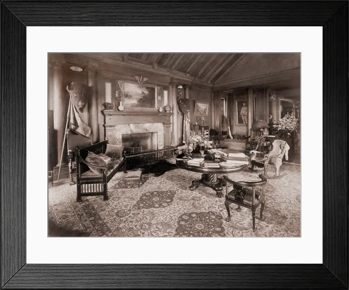 Framed Print : Trophy room at Sagamore Hill, summer home of President Theodore Roosevelt, with bison heads, bearskin rug, and battle standards. Ca. 1910 Framed Print : Trophy room at Sagamore Hill, summer home of President Theodore Roosevelt, with bison heads, bearskin rug, and battle standards. Ca. 1910