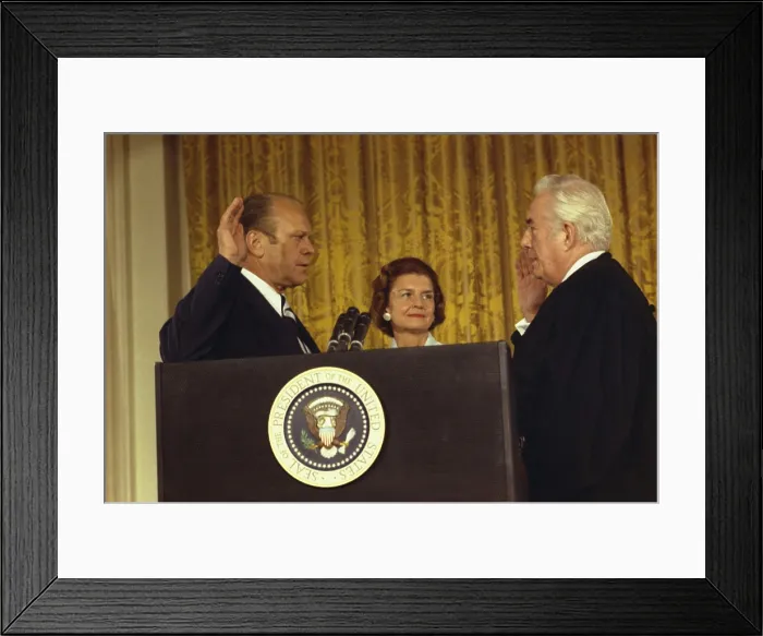 Framed Print : Gerald R. Ford is sworn in as the 38th President of the United States after the resignation of Richard Nixon on August 9, 1974 Framed Print : Gerald R. Ford is sworn in as the 38th President of the United States after the resignation of Richard Nixon on August 9, 1974
