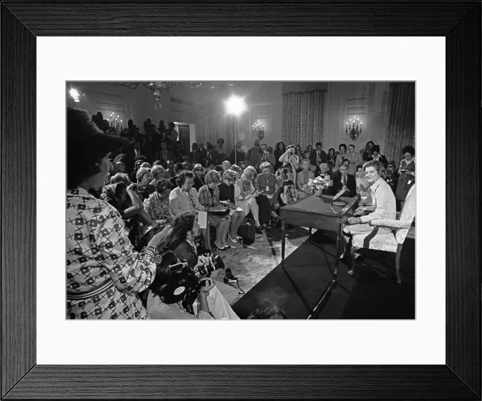 Framed Print : Betty Ford hosts her first press conference as First Lady in White House State Dining Room Framed Print : Betty Ford hosts her first press conference as First Lady in White House State Dining Room