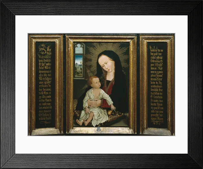 Framed Print : WEYDEN, Rogier van der (1400-1464). Salve Regina. 15th c. Triptych. Representation of the Virgin and child holding a pear. Flemish art. Oil on wood. BELGIUM. Tournai Framed Print : WEYDEN, Rogier van der (1400-1464). Salve Regina. 15th c. Triptych. Representation of the Virgin and child holding a pear. Flemish art. Oil on wood. BELGIUM. Tournai