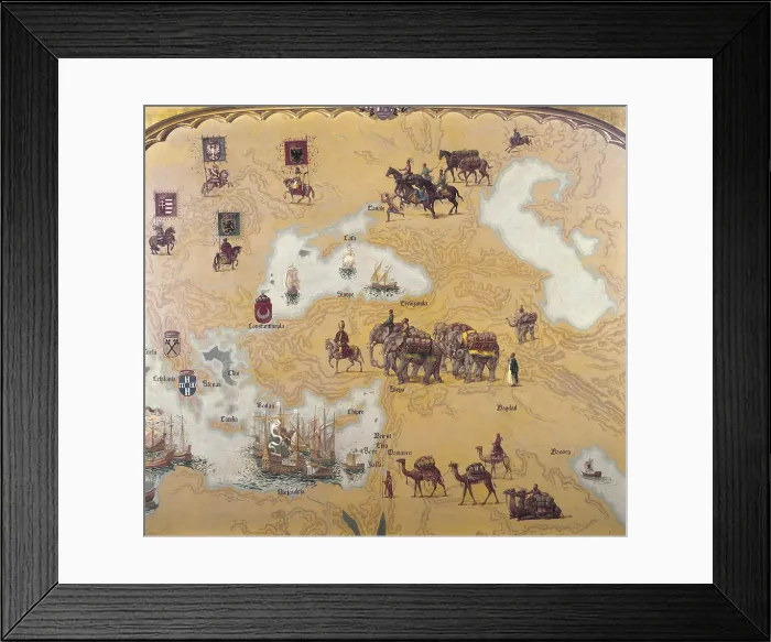 Framed Print : ROCAROL i FAURA, Josep (1882-1961). Allegory of Barcelona's commercial activities in 16th century. First half of XXth century. Triptych
