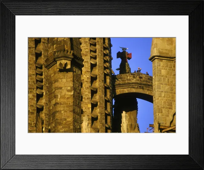 Framed Print : SPAIN. Barcelona. Expiatory Church of the Holy Family. Sagrada Familia. Nativity Facade. Cypress tree sculpture between bell towers. Modernism. Architecture Framed Print : SPAIN. Barcelona. Expiatory Church of the Holy Family. Sagrada Familia. Nativity Facade. Cypress tree sculpture between bell towers. Modernism. Architecture