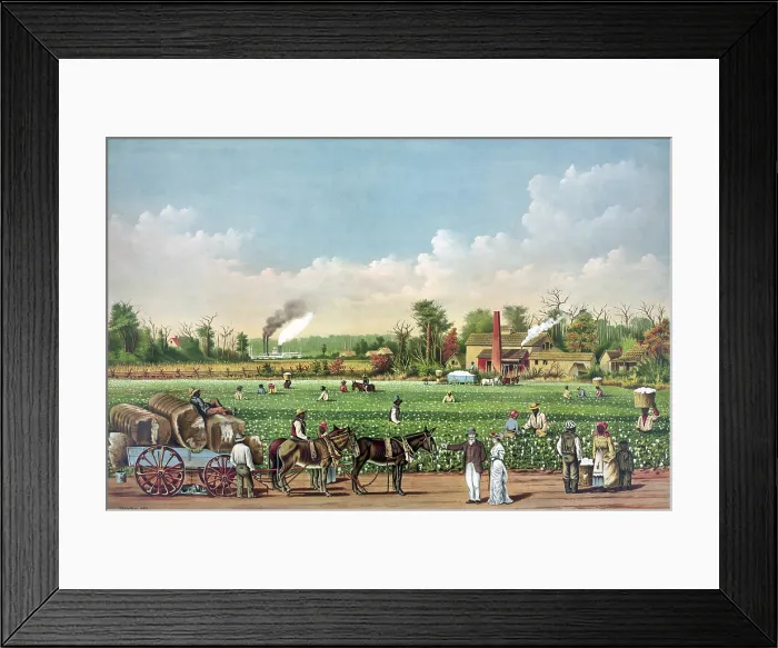 Framed Print : Idealized view of cotton plantation on the Mississippi River, with African American workers. Evocative of Southern antebellum era of pre-Civil War prosperity and slavery