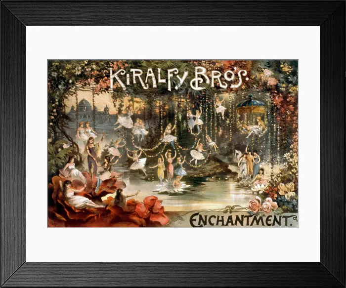 Framed Print : 1886 theater poster for ENCHANTMENT, shows the extravagant fantastic stage setting with ballerinas in tights, in garden setting with flower garlands, and a castle in background