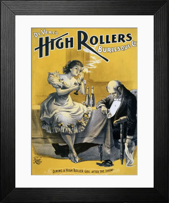 Framed Print : Devere's High Rollers Burlesque Company, a chorus girl smoking while her older, well-dressed male companion has passed out from too much champagne Framed Print : Devere's High Rollers Burlesque Company, a chorus girl smoking while her older, well-dressed male companion has passed out from too much champagne