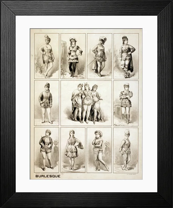 Framed Print : Early burlesque women performers wear revealing tights while playing men's roles making fun of (or burlesquing) traditional theater. 1897 poster