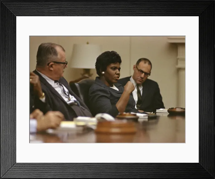 Framed Print : Civil Rights leaders at a White House meeting. L-R: Andy Biemillier, Legislative Director, AFL-CIO; Texas State Senator Barbara Jordan, John Doar, Civil Rights Division, Dept