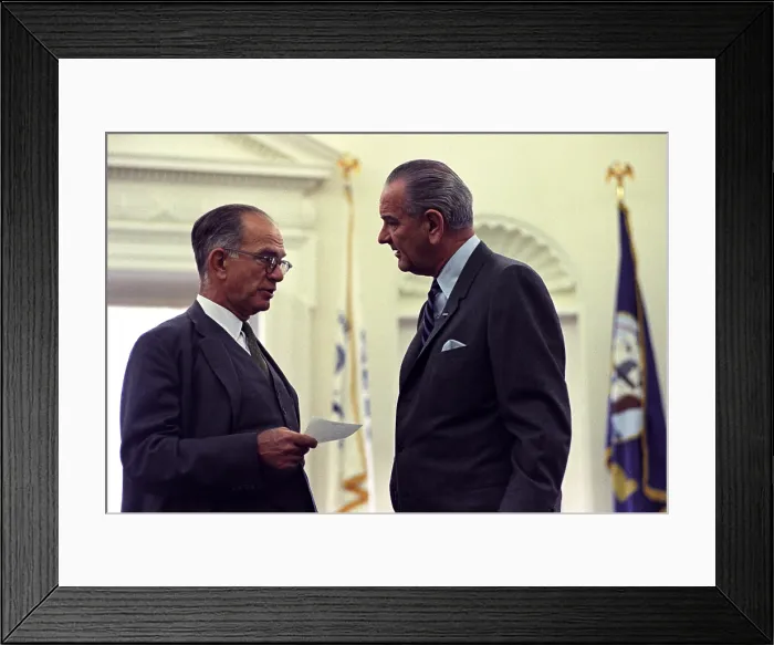 Framed Print : President Johnson in conversation with William Fulbright, Chairman of the Senate Foreign Relations Committee, and outspoken opponent of LBJ's Vietnam War policy. May 1, 1968