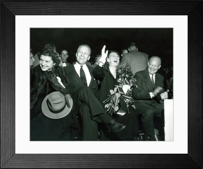 Framed Print : General Dwight D. Eisenhower and his wife Mamie at a Grand Rapids, Michigan campaign event in 1952. With them are Representative Gerald R. Ford and wife Betty