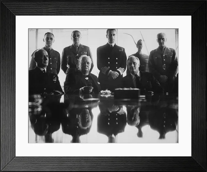 Framed Print : WW2 Allies at the Casablanca Conference. Jan. 14-24, 1943. Seated, L-R: Adm. E. J. King; PM Winston Churchill; President Franklin Roosevelt. Standing: Maj. Gen