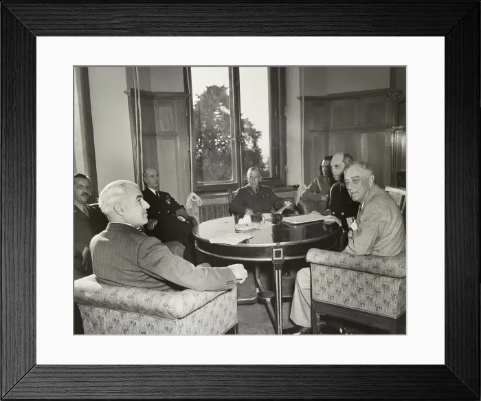 Framed Print : President Franklin Roosevelt and Americans at the WW2 Yalta Conference. Feb. 4, 1945. L-R: Sec. of State, Edward Stettinius; Maj. Gen. L. S. Kuter; Adm. E. J. King; Gen