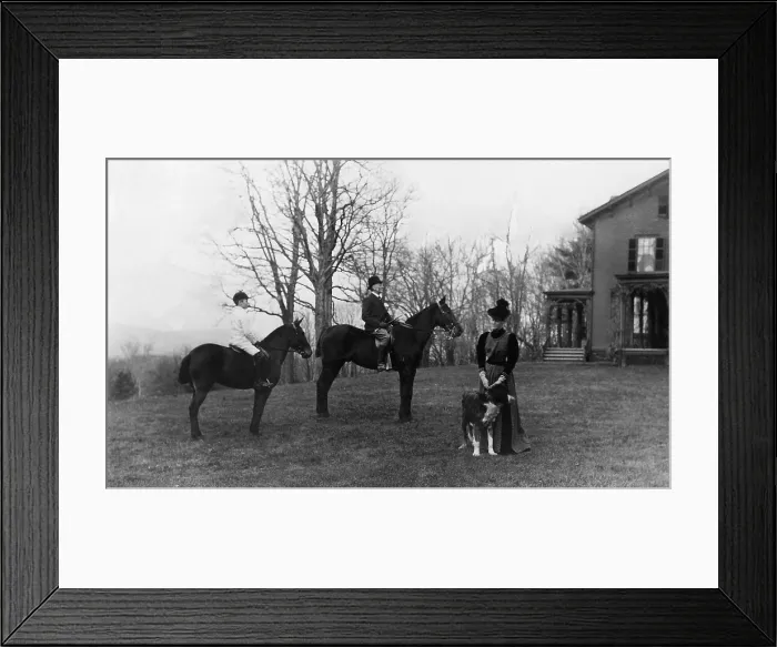 Framed Print : Franklin Roosevelt and his father James on horseback at Hyde Park. 1891. Sara Delano Roosevelt stands at right with a dog. (BSLOC_2013_6_6)