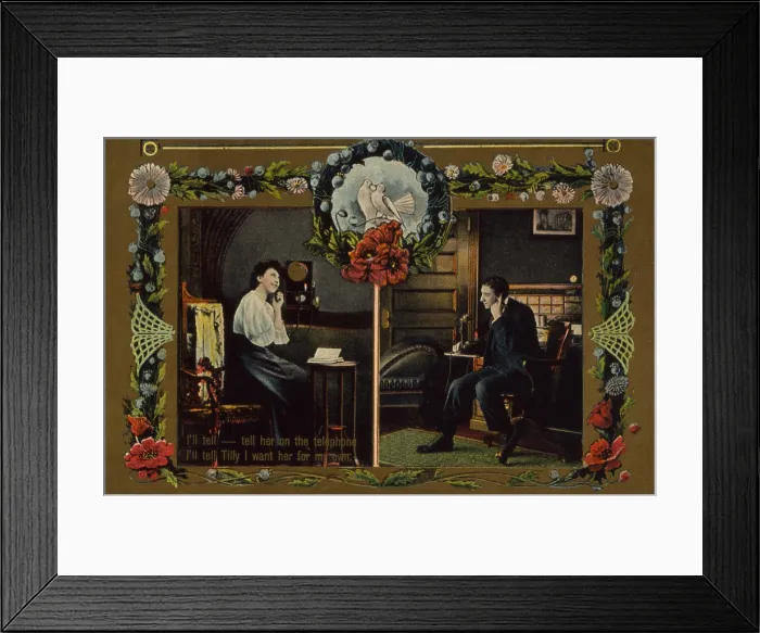Framed Print : Postcard showing man and woman having a romantic telephone conversation. 1909