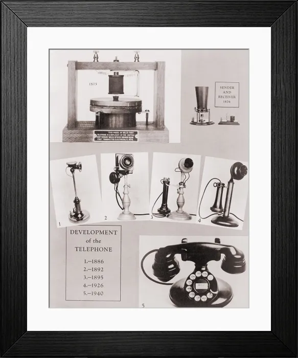Framed Print : Illustration showing the development of the telephone between 1875 and 1940