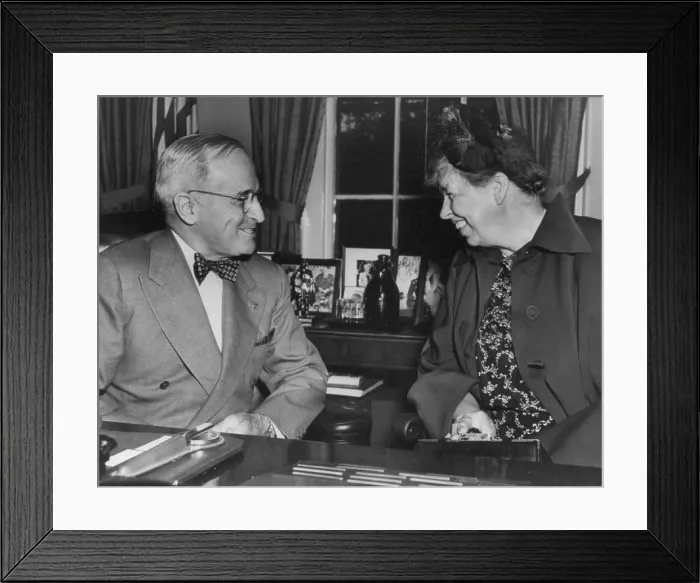 Framed Print : Eleanor Roosevelt and Truman discuss the UN Human Rights Commission, May 29, 1951. Eleanor had just returned from UN meetings in Geneva. (BSLOC_2013_6_68) Framed Print : Eleanor Roosevelt and Truman discuss the UN Human Rights Commission, May 29, 1951. Eleanor had just returned from UN meetings in Geneva. (BSLOC_2013_6_68)