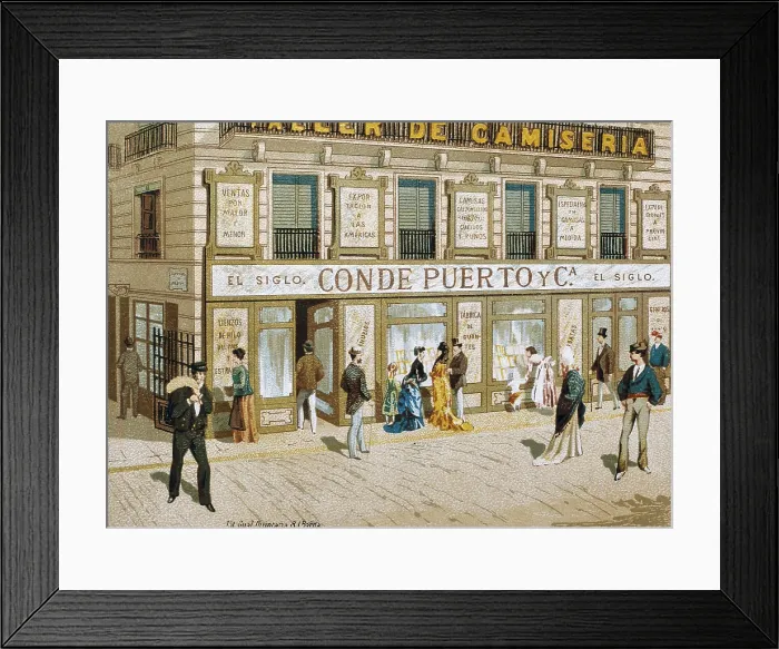 Framed Print : Advertisement of a shop in Barcelona (19th c.). Engraving. AISA / Everett Collection (24766)**US SALES ONLY** Framed Print : Advertisement of a shop in Barcelona (19th c.). Engraving. AISA / Everett Collection (24766)**US SALES ONLY**
