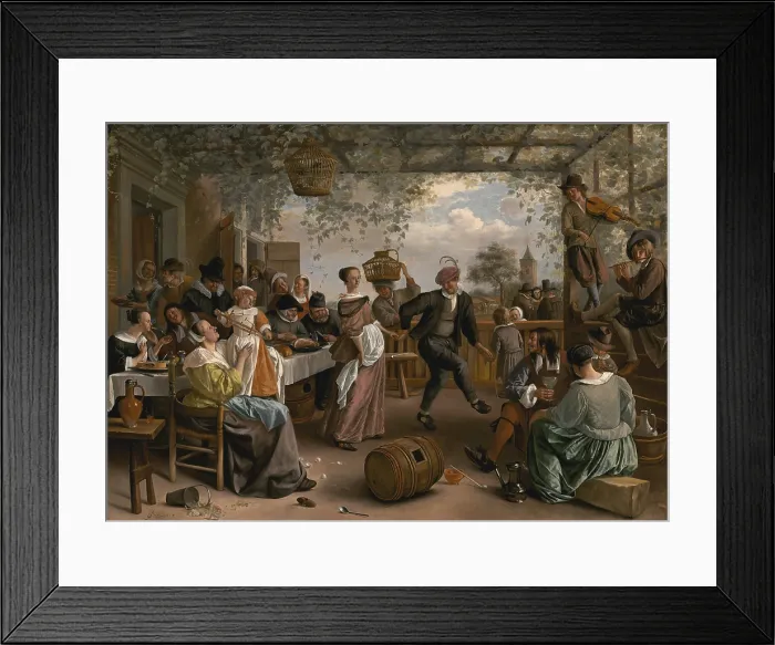 Framed Print : Jan Steen, by The Dancing Couple, 1663, Dutch painting, oil on canvas. At a party, gathered under a grape arbor, a staid, well-dressed girl dances with a robust country man