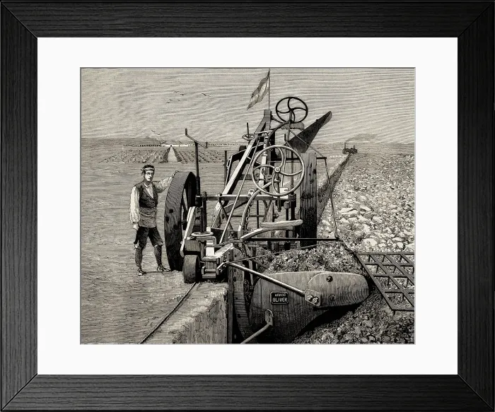 Framed Print : Spain (19th c.). Big plow called 'Oliver'which made furrows of 85 cm. of depth. It was used in Huesca (Aragon). Engraving