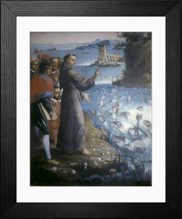 Framed Print : Saint Anthony of Padua preaching to the fishes, 1779. Painting by Bernardo Rodriguez. Quito School. Colonial baroque. Painting. ECUADOR. Quito. Convent of San Francisco