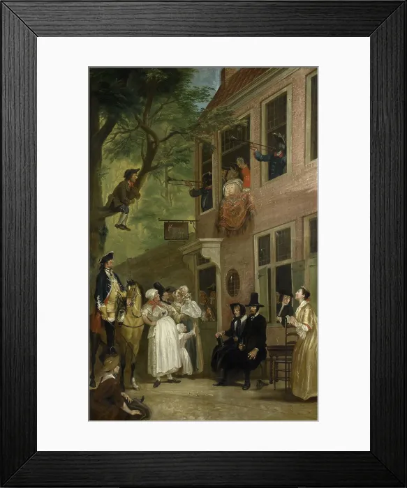 Framed Print : Misled: The Ambassador of the Rascals Exposes himself from the Window of t Bokki Tavern in the Haarlemmerhout, by Cornelis Troost, 1739-50, Dutch painting, oil on canvas